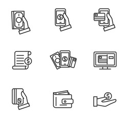 Canvas Print - Set of money and payment related icons in black thin line design isolated on white background 