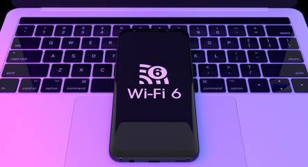Poster - wi fi 6 logo on smartphone with laptop background. wi fi 6 telecommunications new generation network