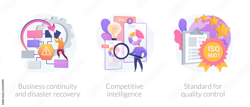 Company success guarantees. Business continuity and disaster recovery, competitive intelligence, standard for quality control metaphors. Vector isolated concept metaphor illustrations. - obrazy, fototapety, plakaty 