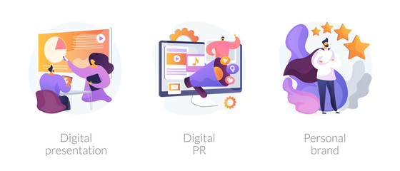 Sticker - Project development, online advertisement, branding, successful startup. Digital presentation, digital PR, personal brand metaphors. Vector isolated concept metaphor illustrations.