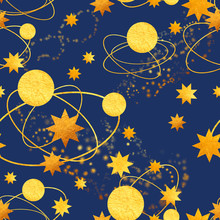 Gold Stars And Planets In Orbit On A Blue Background, Space, Seamless Pattern For Printing On Photo Wallpaper, Gift Paper