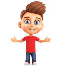 3d Render Illustration. Funny Cartoon Character Little Boy Spread His Arms To The Sides.