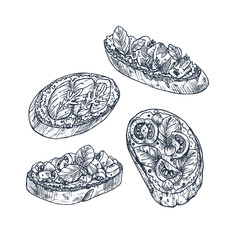 Hand drawn bruschetta set. Italian antipasto with tomato, basil, salmon. Starter dish. Lunch menu. Vector illustration