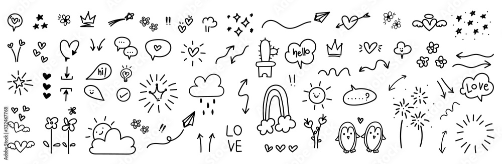 cute hand drawn doodle vector set, love, Natural , firework, cloud, weather, rainbow, snow, heart and creative design vector collection.  - obrazy, fototapety, plakaty 