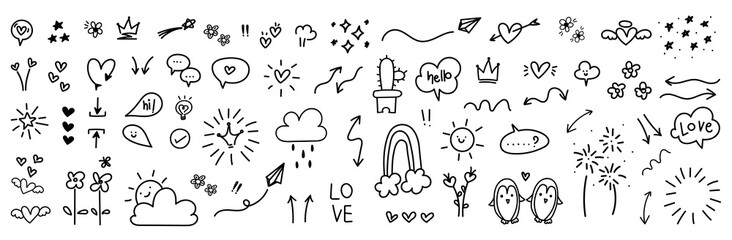 cute hand drawn doodle vector set, love, natural , firework, cloud, weather, rainbow, snow, heart an