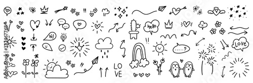 Fotografía cute hand drawn doodle vector set, love, Natural , firework, cloud, weather, rainbow, snow, heart and creative design vector collection