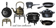 .A set of varied cast iron cookware. Cauldron; ladle, frying pans, stew pan,kettle, roaster and stand. Vector vintage illustration of isolated kitchen utensils. Clipart..
