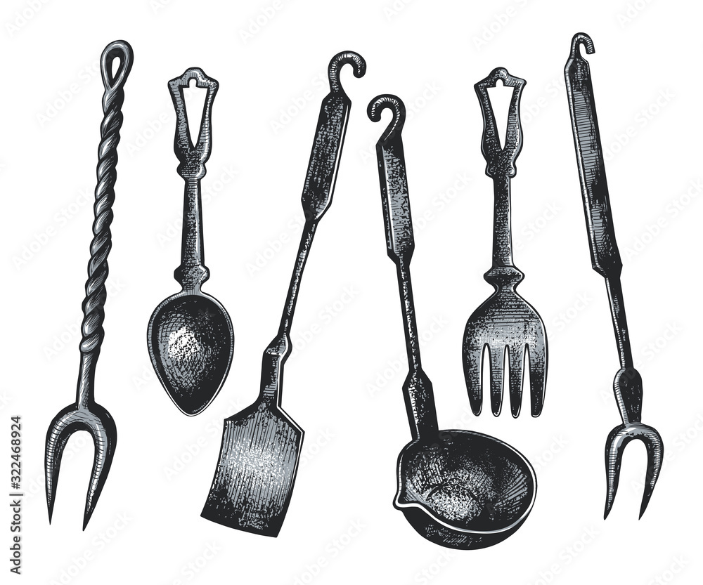 Set of vintage cutlery and kitchen utensils.Spoon, fork,ladle, paddle and  meat fork two teeth.Vector sketch of various kitchen tools. Isolated  objects on white background. Clipart. Stock Vector | Adobe Stock, image size:1000x833