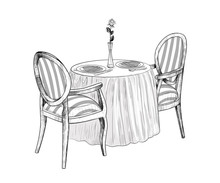 ..Vector Illustration Of A Romantic Dinner.Two Armchairs,round Table With A Tablecloth,cutlery And A Vase With A Rose.Monochrome Image In Sketch Style. Vintage.