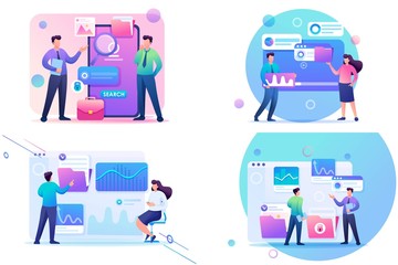 Poster - set 2d flat concepts young people using mobile apps for gadgets. for concept for web design