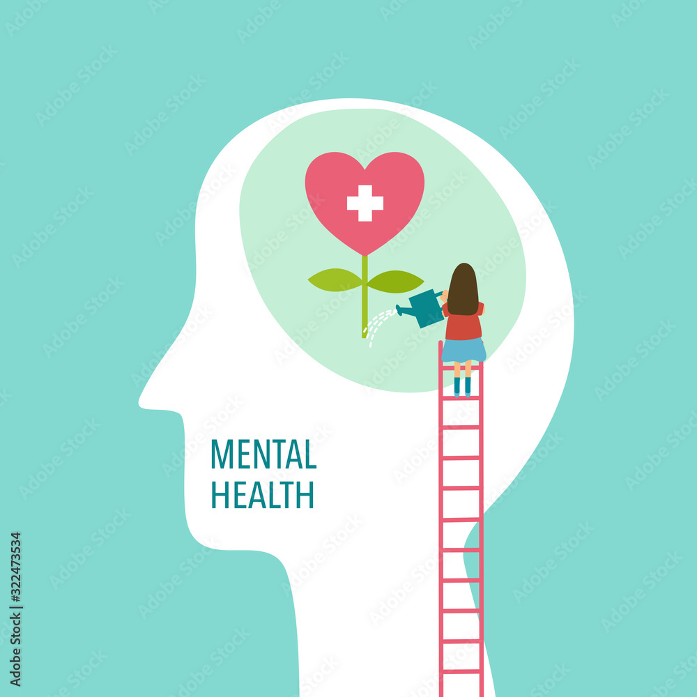 Mental health concept vector illustration. Brain and heart. World mental health day. - obrazy, fototapety, plakaty 