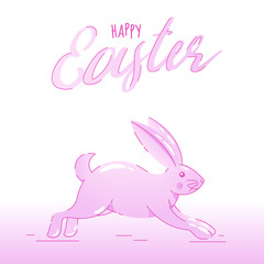 Poster - Happy Easter Font with Cute Rabbit Running on Pink and White Background.