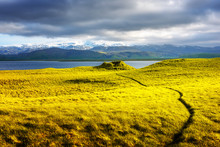 Gorgeous Iceland Landscape With Green Grass Field, Blue Lake And Snow-capped Mountains In The Background. Iceland, Europe