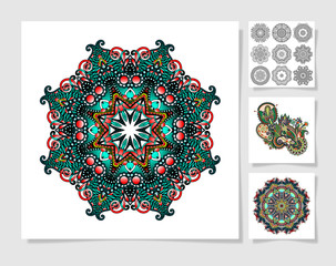 Canvas Print - set of circle lace ornament, round ornamental geometric doily pattern in indian kalamkari style