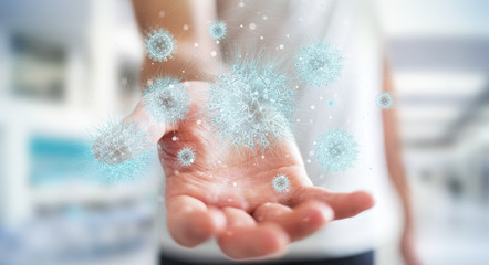 Poster - Man analyzing bacteria with digital holographic projection close-up 3D rendering