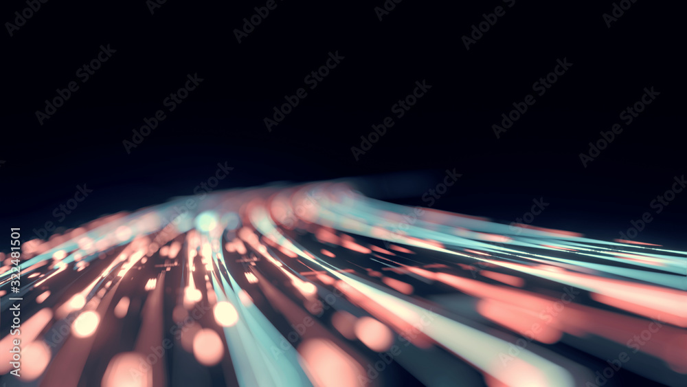 3D Rendering of curved blue and red light path trail with bokeh blur effect. Concept of way to success, business plan, goals and achievement, advanced technology evolution background - obrazy, fototapety, plakaty 