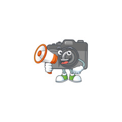 Sticker - A chilly cartoon character of digital camera with a megaphone