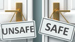 Unsafe or safe as a choice in life - pictured as words Unsafe, safe on doors to show that Unsafe and safe are different options to choose from, 3d illustration