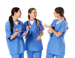 Canvas Print - Female medical students on white background