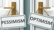 Pessimism or optimism as a choice in life - pictured as words Pessimism, optimism on doors to show that Pessimism and optimism are different options to choose from, 3d illustration