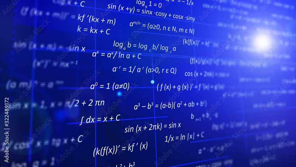 Algebra concept. The blue screen shows the basic formulas of modern ...