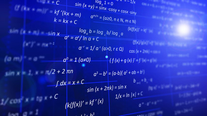 Algebra concept. The blue screen shows the basic formulas of modern mathematics.