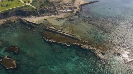 Canvas Print - Caesarea ancient roman period ruins in Israel, 4k aerial drone view