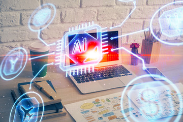 double exposure of desktop computer and technology theme hologram. concept of software development.