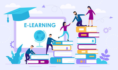 Poster - E learning concept. People Climb By Stack Of Books. Big PC For Distance Education On the Abstract Background. Cartoon Flat Style. Vector Illustration