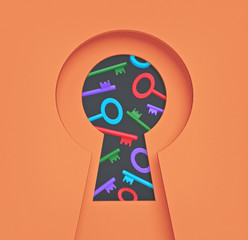 Poster - many multicolored keys seen through a keyhole. minimalism. business concept. 3d rendering