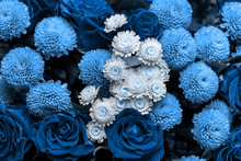 Bouquet Of Roses And Chrysanthemums Close Up. Beautiful Blue Flower Background. Floral Backdrop. 