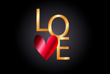 the word love is written in gold letters with a red heart. Valentine's day.