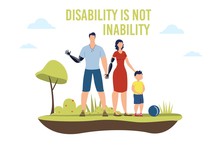 Disabled People Healthy Life Trendy Flat Vector Banner, Poster Template. Disabled Man, Woman, Parents With Hand Amputation, Father And Mother With Robotic Prosthesis Playing Ball With Son Illustration