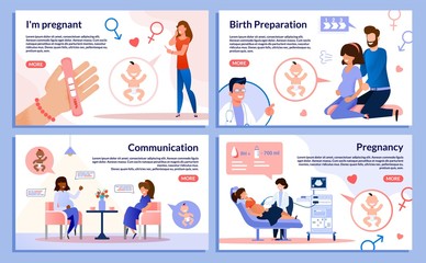  Medical Services or Labs, Online Courses for Pregnant Women Trendy Flat Vector Web Banner, Landing Page Set. Woman Doing Pregnancy Test, Meeting Friend, Doing Exercises, Visiting Doctor Illustration