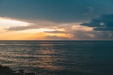 Sea horizon line and sunset photo.