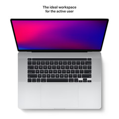 Poster - laptop with keyboard and touchpad silver color and colored screen top view isolated on white background. flat lay realistic and detailed notebook mockup. stock vector 3d illustration