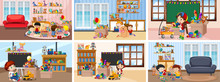 Six Scenes With Children Doing Activities In Different Rooms