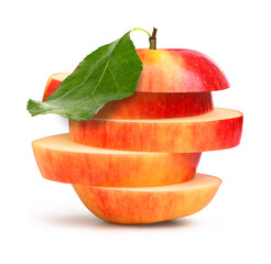 Poster - RW apple sliced with leaf on a white background