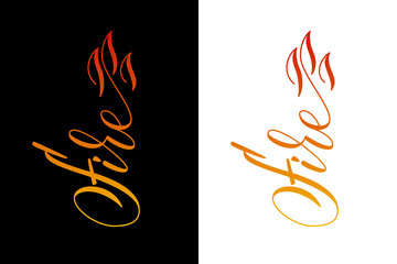 Wall Mural - Modern handwritten brush calligraphy Fire with flames isolated on black and white background. Vector illustration.