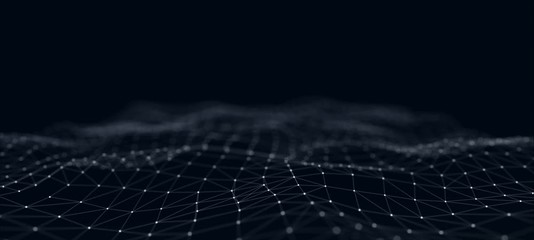 Futuristic abstract mesh. Wave with the connection of dots and lines. 3D rendering. Seamless loop.