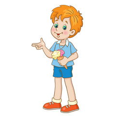 Poster - Little funny boy with ice cream. In cartoon style. Isolated on white background. Vector illustration.