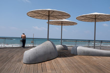 Unidentified Man Looking At The Sea In Tel Aviv Beach , Israel