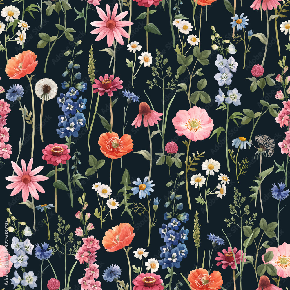 Beautiful vector floral summer seamless pattern with watercolor hand ...