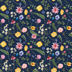 Canvas Print - Beautiful vector floral summer seamless pattern with watercolor hand drawn field wild flowers. Stock illustration.