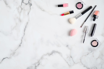 makeup cosmetics and professional beauty products on marble background. flat lay, view from above. b