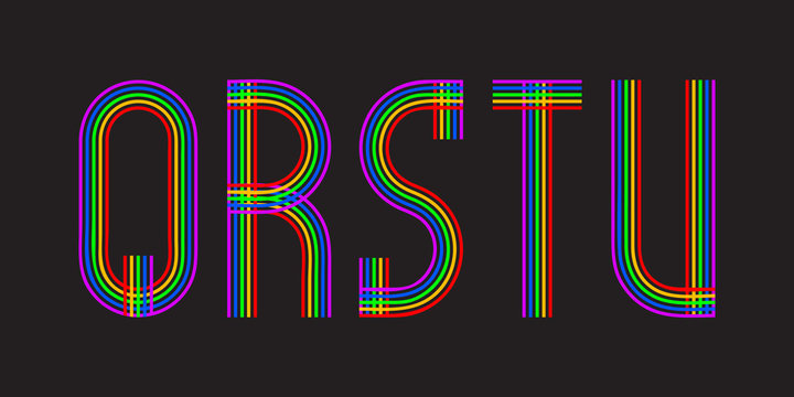 Q, R, S, T, U multicolored lines letters. Isolated stylish font.