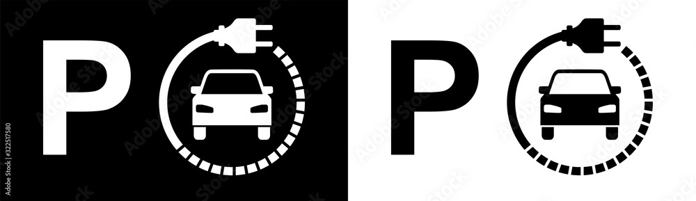 Vector illustration, P-sign wit symbol for charging electric car - obrazy, fototapety, plakaty 