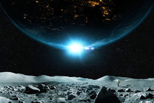 Spaceman Walks On The Moon Against The Background Of The Planet. Beautiful Moon With Planet Earth On A Background Of Stars In Outer Space. Astronaut Travels On An Asteroid