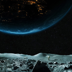 Poster - moon overlooking planet earth. spaceman travels on the moon. astronaut on asteroid.
