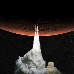 Fototapete - Spaceship takes off to Mars. Rocket flies to the red planet Mars.